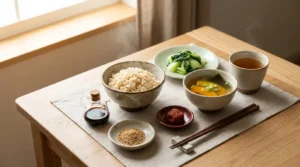 Bữa ăn thực dưỡng cho người mới bắt đầu: cơm gạo lứt, canh tảo bẹ, rau luộc, mơ muối và tương tamari